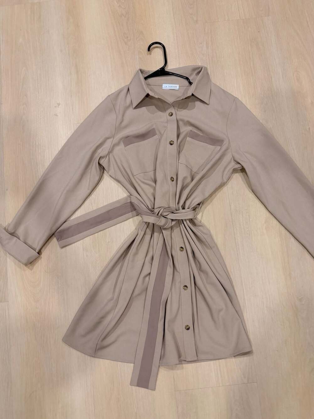 LA Threads Belted Shirt Dress Tan Long Sleeve Pocket Buttons